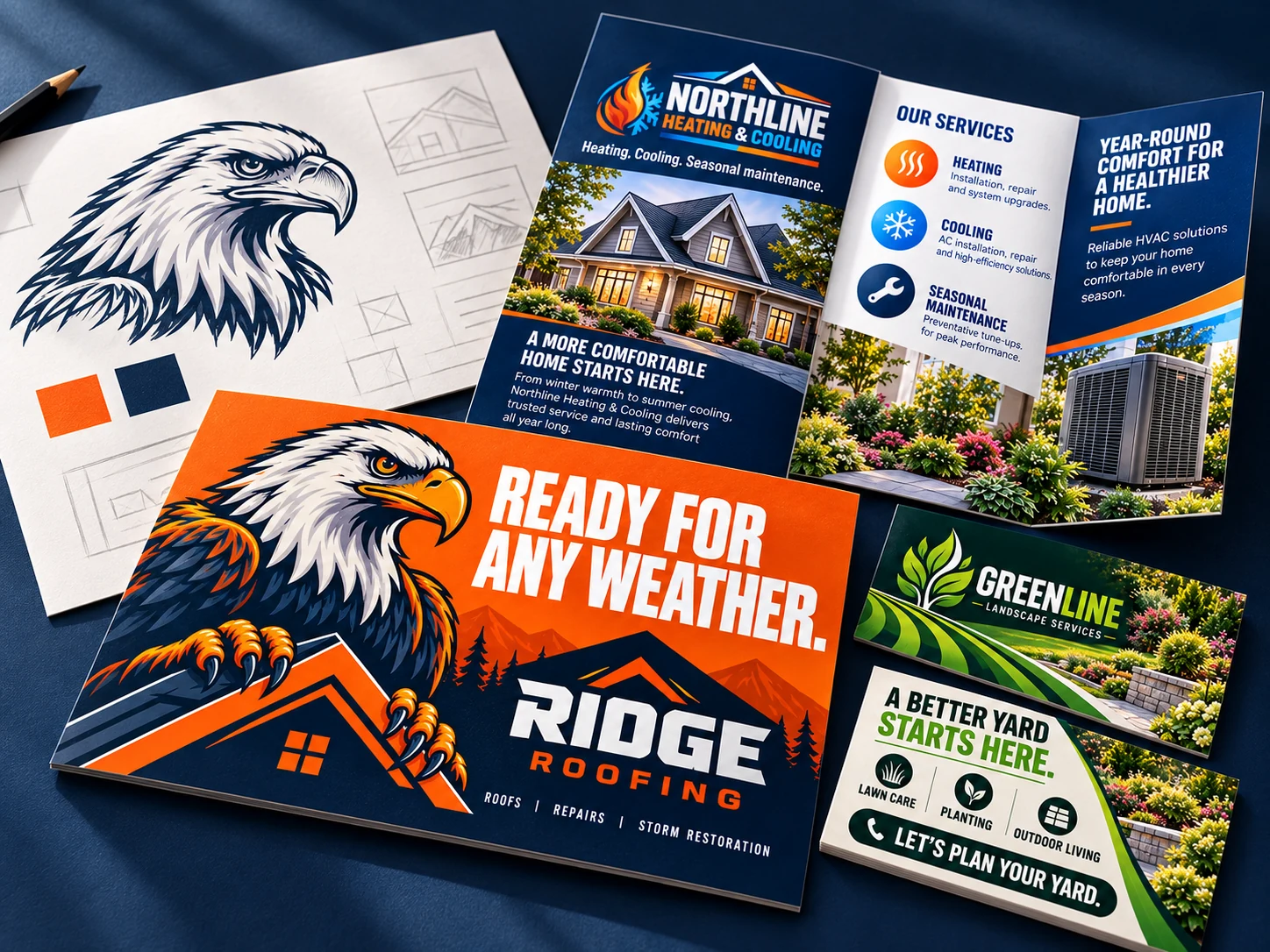 Custom Ridge Roofing eagle postcard, Northline HVAC brochure, Greenline landscaping cards, and eagle brand sketches on a navy studio table