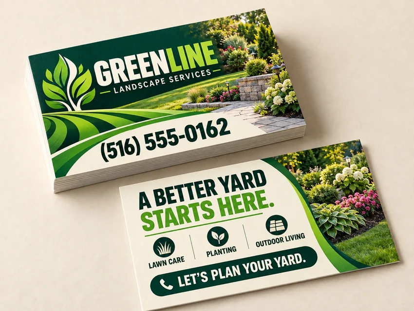Greenline landscaping business card stack with coordinated reverse