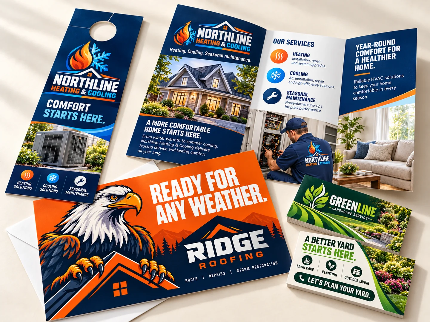 Ridge Roofing eagle postcard, Northline HVAC door hanger and brochure, and Greenline landscaping business cards