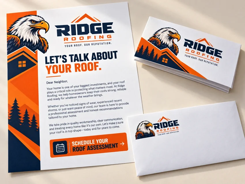 Ridge Roofing eagle letter and coordinated envelope
