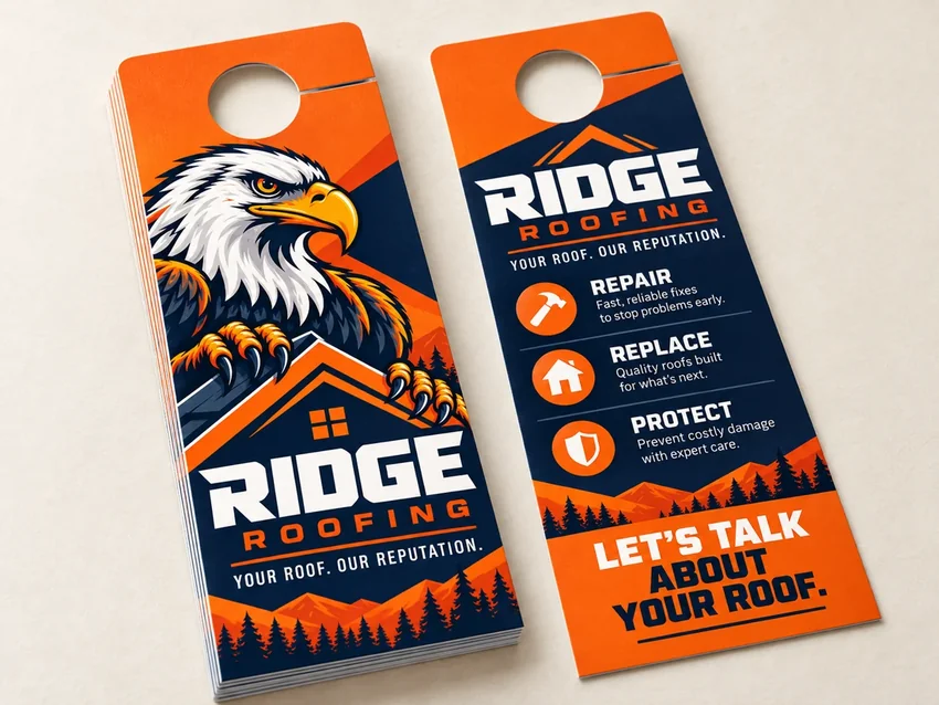 Ridge Roofing orange eagle door hangers shown front and back