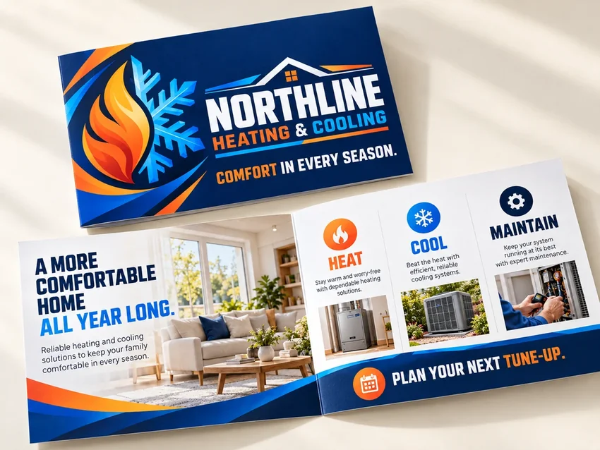 Northline HVAC folded self mailer shown open and closed