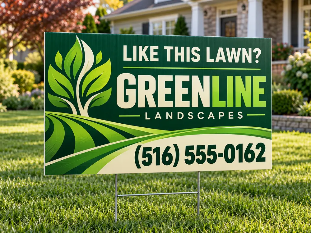 Greenline landscaping lawn sign installed on a wire stake in a front yard