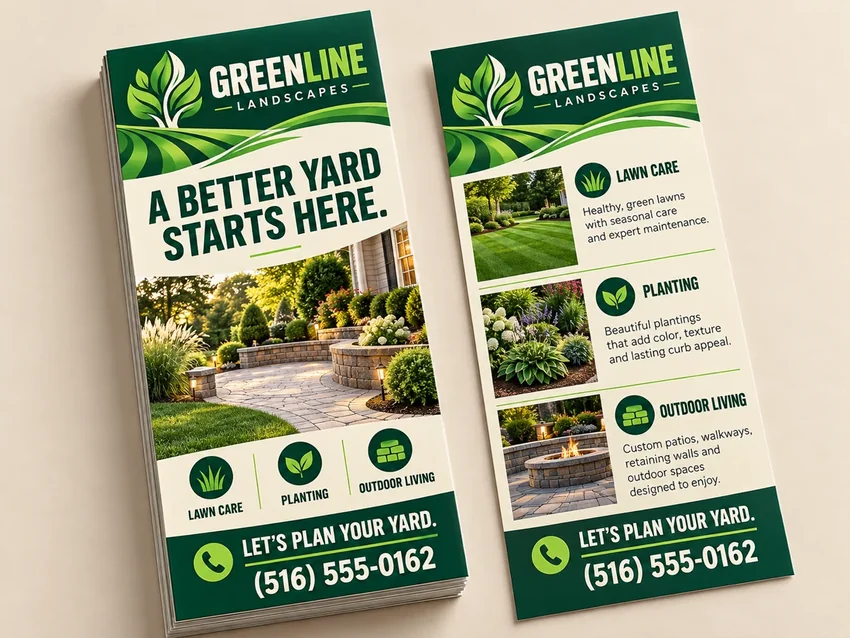 Greenline landscaping rack cards shown front and back