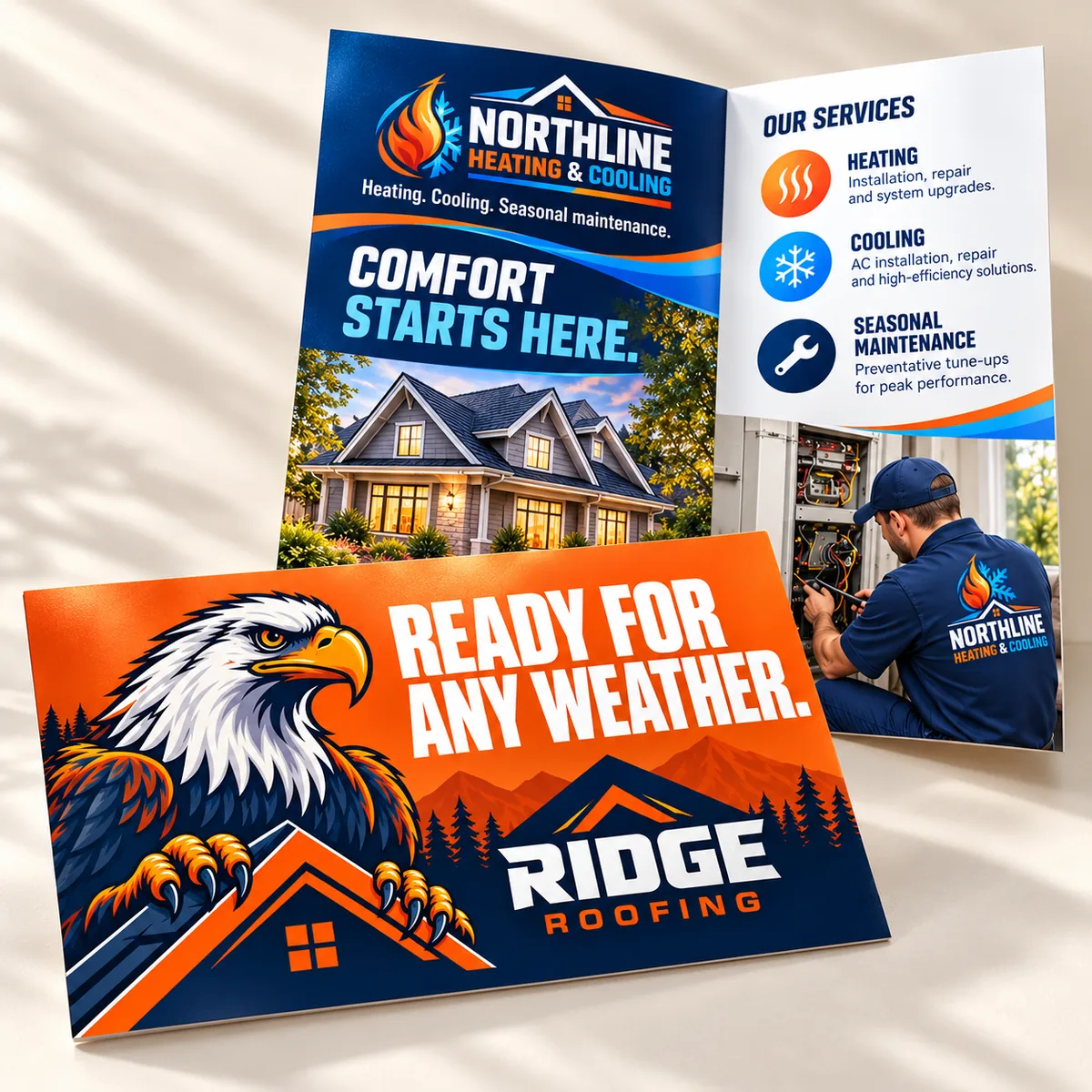 Eagle-themed Ridge Roofing oversized postcard beside an open Northline HVAC half-fold mailer