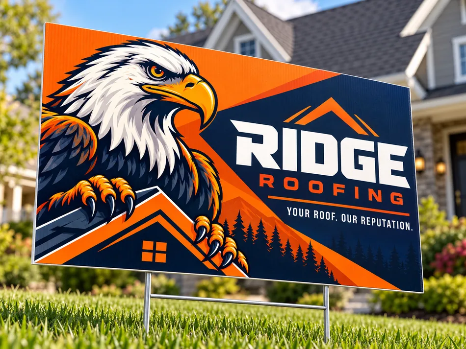 An orange and navy eagle Ridge Roofing sign on a wire stake in a front lawn