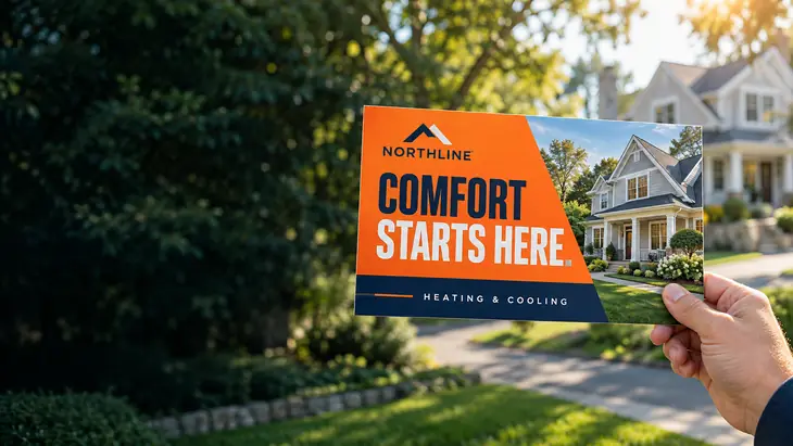A homeowner holding a Northline HVAC postcard outside a house