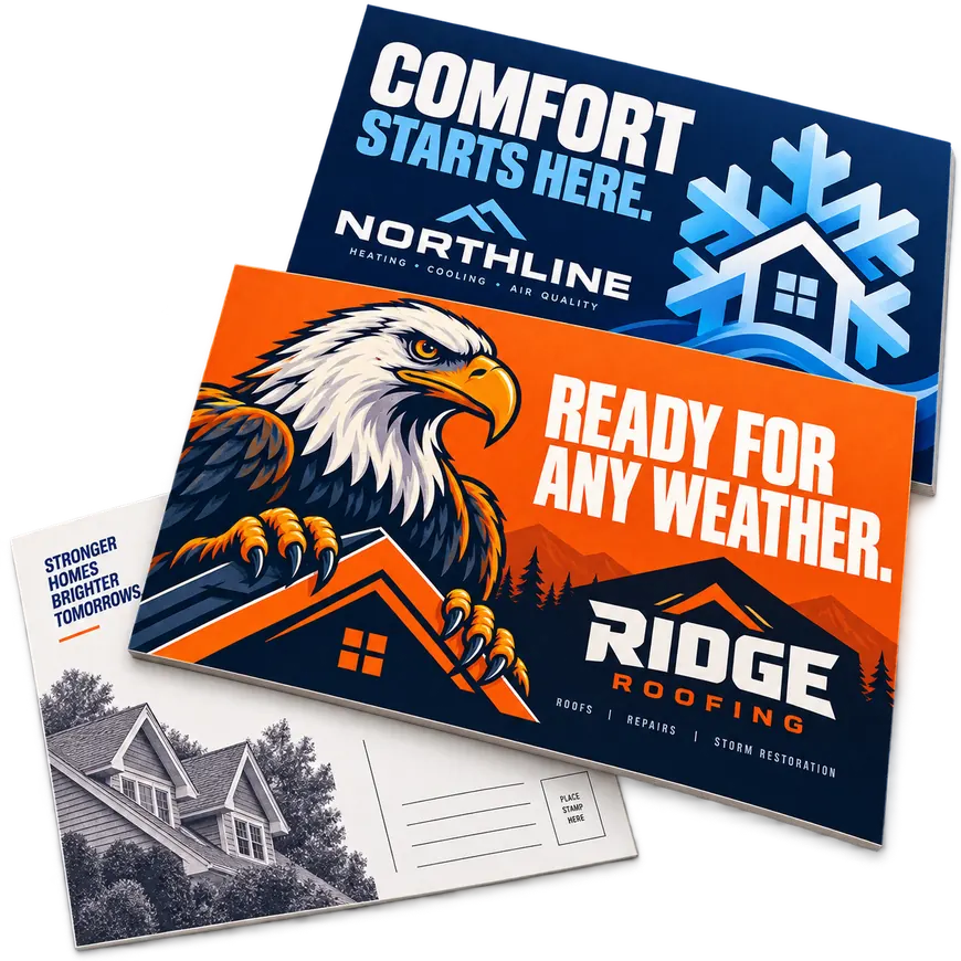 Orange eagle roofing postcard paired with a blue HVAC postcard and a mailing-side postcard